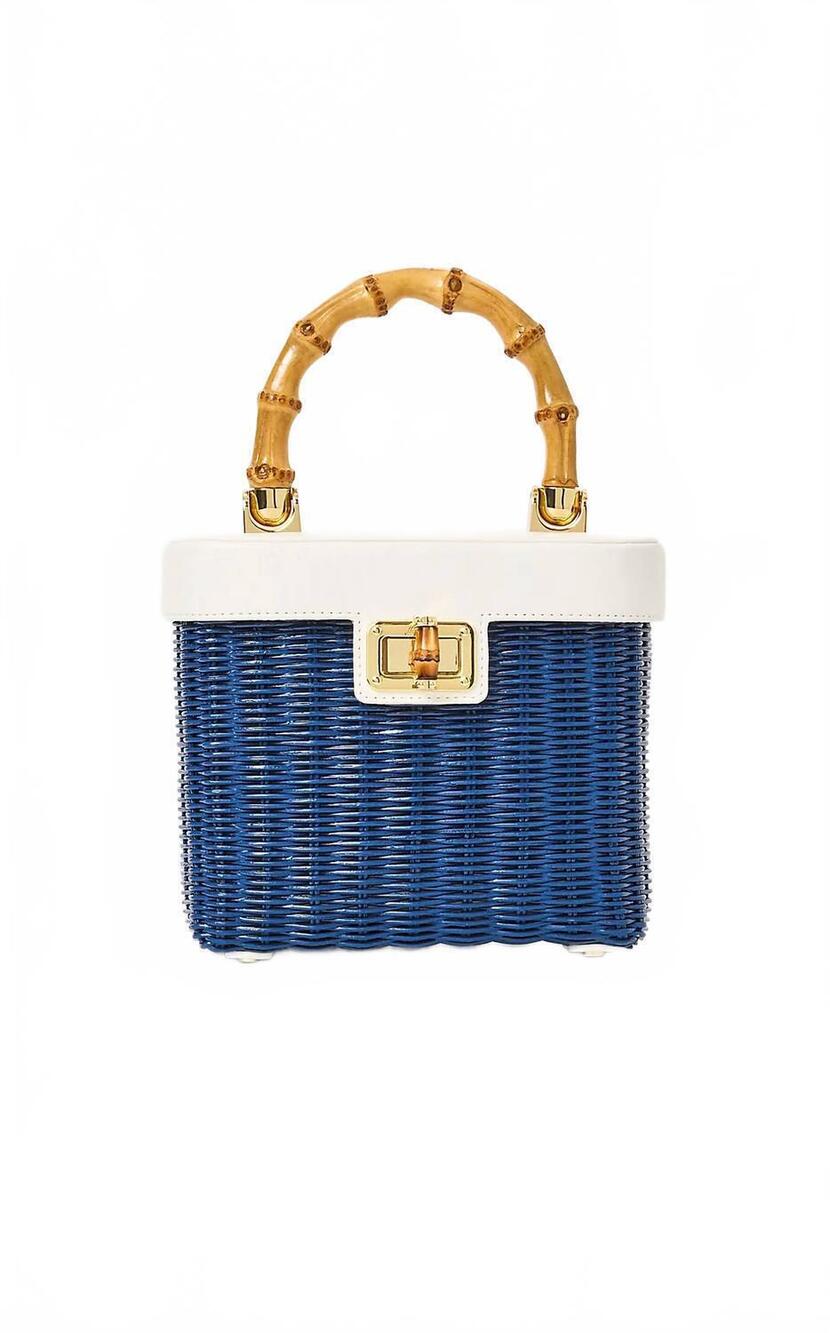 NEW LILLY PULITZER women's sienna top handle wicker bag in starlight navy